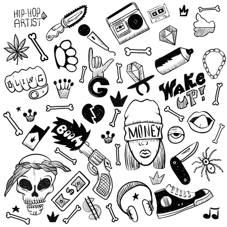 Black isolated hip hop icon set attributes and accessories to create a hip hop style vector illustration. Doodle art isolated on white background. Vector illustrationのイラスト素材