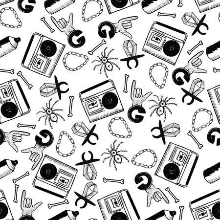 RAP hand drawn doodle seamless pattern. Sketches. Vector illustration for design and packages product. Symbol collection.のイラスト素材