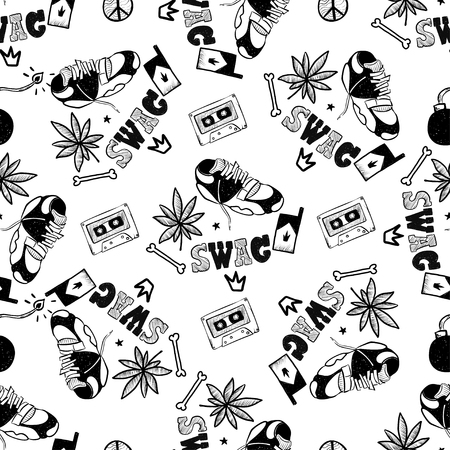 RAP hand drawn doodle seamless pattern. Sketches. Vector illustration for design and packages product. Symbol collection.のイラスト素材