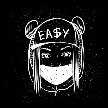 Pretty Young Urban Rap Girl. Lady Vector artwork. Doodle art isolated on black background. Face emotion illustration.のイラスト素材