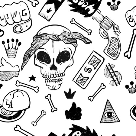 RAP hand drawn doodle seamless pattern. Sketches. Vector illustration for design and packages product. Symbol collection.のイラスト素材