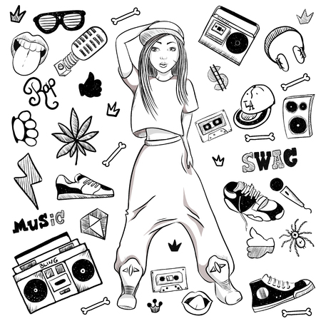 Sports hip-hop girl on white background in the cap, wide trousers, sneakers. Hand vector illustration.のイラスト素材