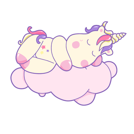 Kawaii vector illustration cute unicorn.beautiful unicorn asleep on the clouds and the inscription never stop dreaming, isolated on white background.のイラスト素材