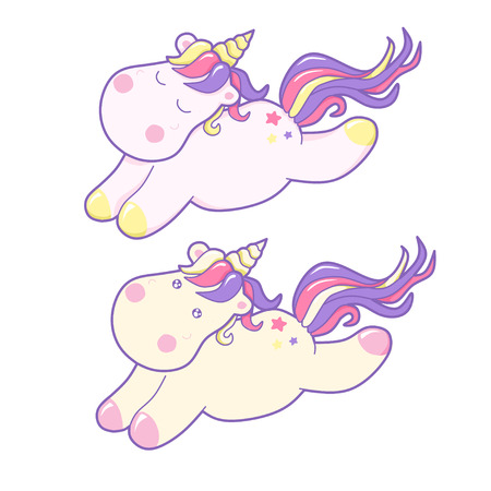 Kawaii vector illustration cute unicorns. fairy tale creature, pink curly hair, cartoon animal clip art, isolated on white background.のイラスト素材