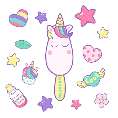 kawaii funny ice cream with unicorn horn, ears and different magic elements. Hand drawn vector illustration.のイラスト素材