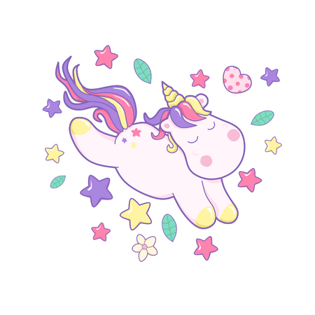 Kawaii vector illustration cute unicorn. fairy tale creature, pink curly hair, cartoon animal clip art, isolated on white background.のイラスト素材