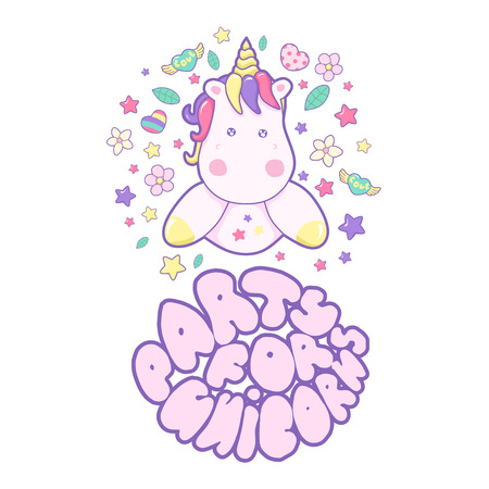 Welcome Unicorn Party text isolated on pastel colored background. and different magic elementsのイラスト素材