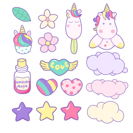 Set unicorns and different magic elements. Vector illustration.のイラスト素材
