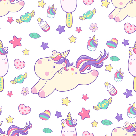Vector pattern with dreaming unicorn, cute illustration in pastel colors.のイラスト素材