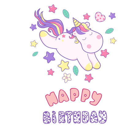 Kawaii vector illustration cute unicorn. fairy tale creature, pink curly hair, cartoon animal clip art, isolated on white background.のイラスト素材