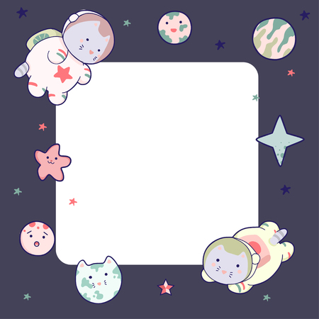 Cute space frame, with Japanese kawaii cat travels in space and a set of cosmic elements..のイラスト素材
