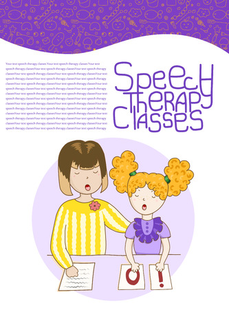 Concept article speech therapy. Cute childrens drawings icons in kavai style on the topic of speech therapy. Friendly speech and articulation classesのイラスト素材