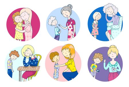 These different moms. Psychology of parenting. Scenes from family life, relationship with mother, children s problems, love and misunderstandingのイラスト素材
