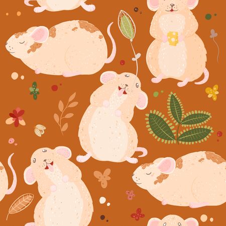Seamless pattern with cute mouses in scandinavian style. Creative vector childish background for fabric, textileのイラスト素材