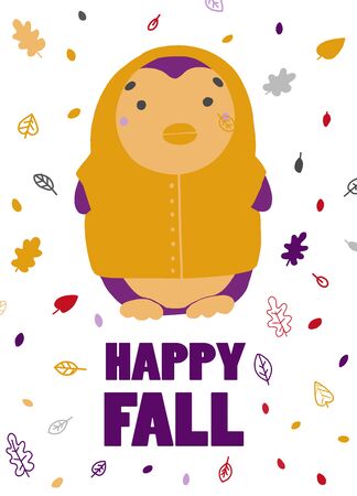 Penguin in a yellow raincoat. Children holiday autumn card. Happy fall vector flat illustration.のイラスト素材