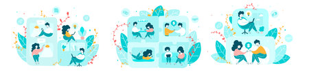 Co living arrangement flat vector illustrations set. Young men and women, coworkers sharing common...