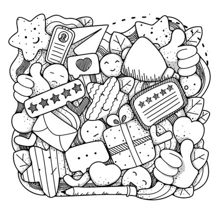 Reviews doodle black and white composition illustration. Customers feedback line art. Five stars rating. Emoticons, emoji faces with different emotions, thumbs up, happy and unhappy clientsのイラスト素材