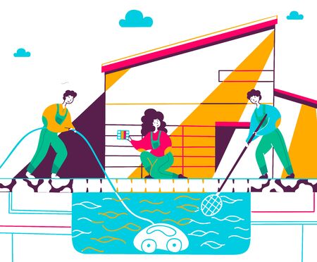 Group of people cleaning pool flat vector illustration. Home service workers cartoon characters wearing uniform with cleaning tools, nets and equipment. Pool maintenance and repairのイラスト素材