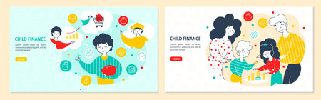 Kids and money landing page vector template set. Family and child finance website interface idea. Financial literacy homepage layout. Reasonable budget planning cartoon web banner, webpageのイラスト素材