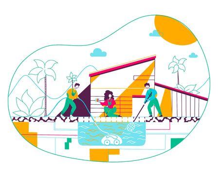 Group of people cleaning pool flat vector illustration. Home service workers cartoon characters wearing uniform with cleaning tools, nets and equipment. Pool maintenance and repairのイラスト素材