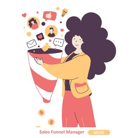 Sales funnel manager flat vector landing page template. Innovative marketing strategies expert cartoon character. Trendy trade methods, customers conversion, SMM specialist services homepage designのイラスト素材