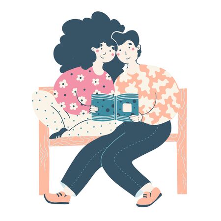 Book literature friends, great design for any purposes. Flat illustration design book day. Couple in love vector cartoon illustration. Education - vector concept. Happy student years design. Festival concept design.のイラスト素材