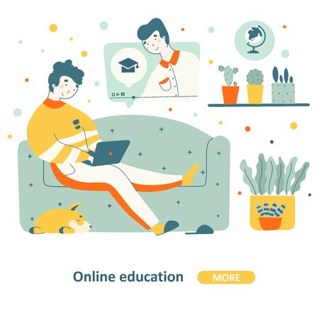 Education course home flat graphic design. Business seminar online concept. Education on couch - vector concept.のイラスト素材