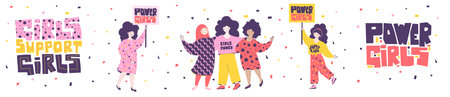 Girls power in beautiful style. Girls support vector flat illustration. Friends together. Women...