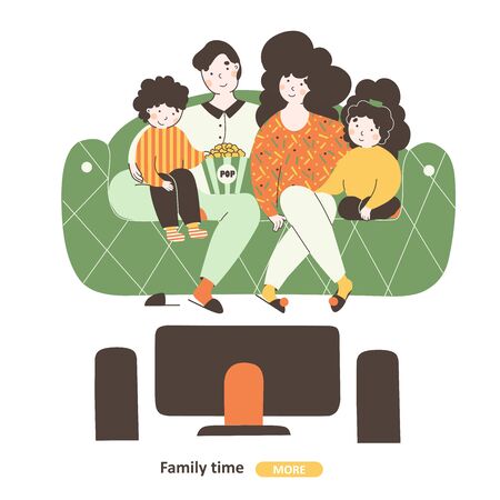 Cartoon illustration with family watching movie flat vector cartoon illustration. Home house interior design for lifestyle design. Flat happy family watching tv vector design.のイラスト素材