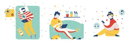 Hipster home office for lifestyle design Flat design vector illustration. Home quarantine illustration. Man works out of bed vector cartoon character illustration. Concept design. Modern laptop concept. Internet technology. Business vector Freelance work.のイラスト素材