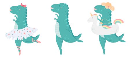 Beautiful dinosaur girl Character Creator, Vector flat illustration. Cartoon style. Kids illustration.のイラスト素材