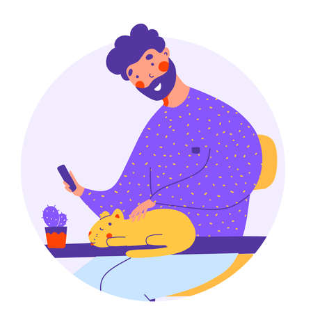 Work from home with smartphone app, flat vector cartoon style. Business concept.のイラスト素材