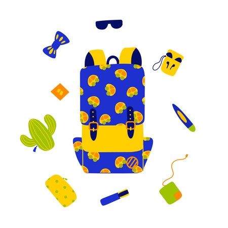 Backpack, schoolbag flat illustration. School supplies cartoon illustration.