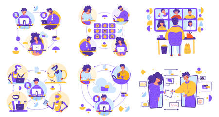 Remote office electronic document flat vector illustration set.のイラスト素材