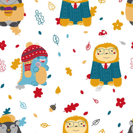 Sloth and dinosaur cartoon Vector illustration with yellow autumn pattern.のイラスト素材