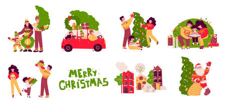 Happy christmas family vector illustration set. Vector festive illustration.のイラスト素材