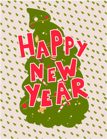 Happy New Year lettering in cartoon style on background of the Christmas tree.のイラスト素材
