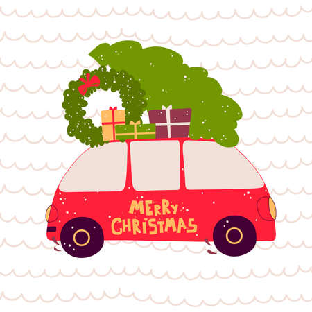 Christmas car tree, flat vector illustration. Happy new year. Christmas new year.のイラスト素材