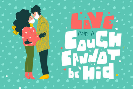 Lovers in masks valentines day card. Cartoon people vector illustration. Love and a cough cannot be hid - hand lettering.のイラスト素材