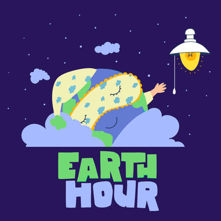 Earth hour, Planet earth in cartoon style on light background.のイラスト素材