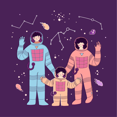 Family space travel in cartoon style. Galaxy background. Vector illustration, cartoon set.