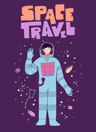 Flat cartoon character spaceman. Space travel lettering. Astronaut greeting. Flat cartoon vector illustration.のイラスト素材