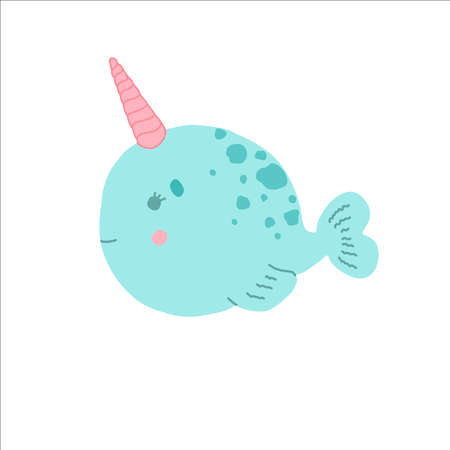 Little cute baby narwhal, fantasy magical creature, flat illustrationの写真素材
