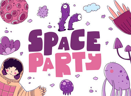 Modern cartoon gift card with space party for concept design. Holiday vector background.のイラスト素材
