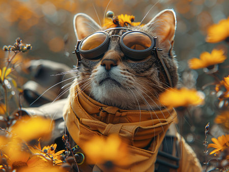 Adventurous tabby cat with goggles amidst golden wildflowersの写真素材