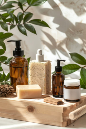Eco-Friendly Skincare and Beauty Products on Wooden Trayの写真素材