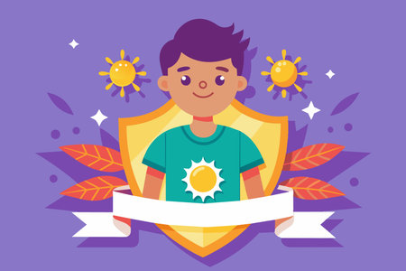 Boy with shield and sun shirt Gesture, Happy, Sleeve, Art, Fictional characterのイラスト素材