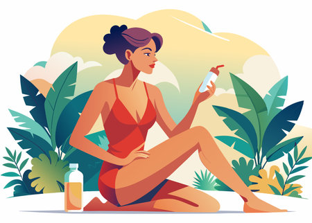A woman wearing a red dress is sitting and holding a bottle of lotionのイラスト素材