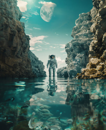 Cosmic Exploration: Astronaut in Underwater Canyonの写真素材