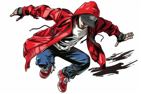 Energetic B-Boy in Red Hoodie Performing a Stance